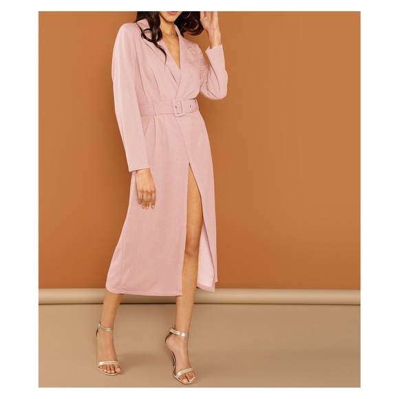 Blush Pink Belted Peak Collar Trench Dress - Picture 5 of 6